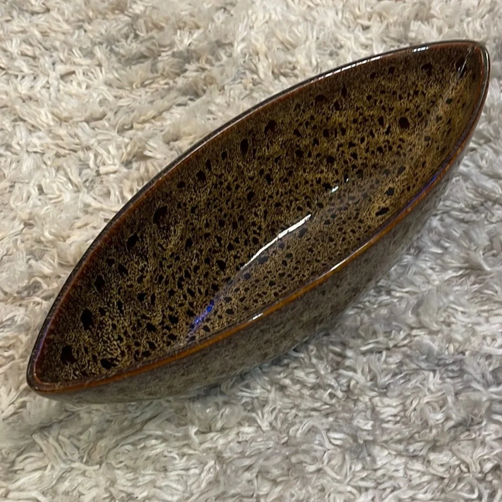 14” Ceramic Boat Bowl Oval Decorative Peacock‎ Feather Brown Red Maroon Tan